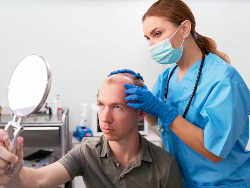 Dermatologist examines Hair Transplant patient